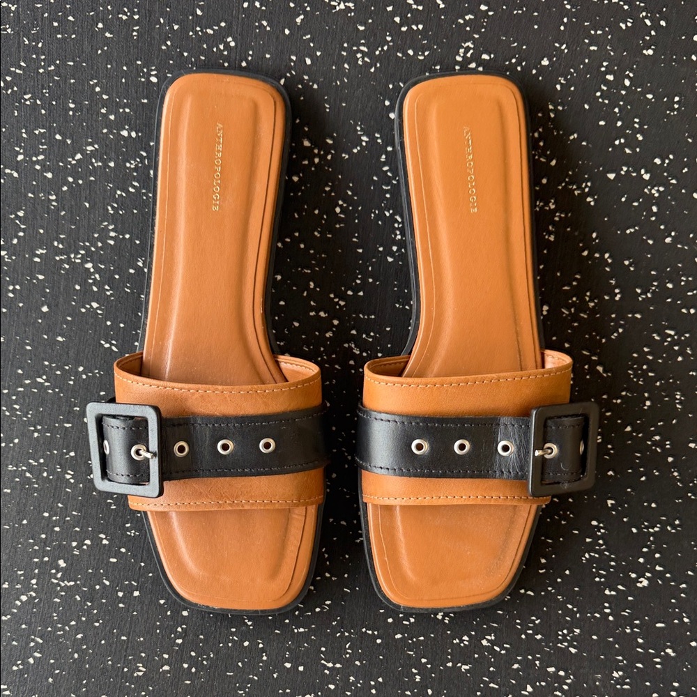 Elegant Anthropologie Tan and Black Sandals